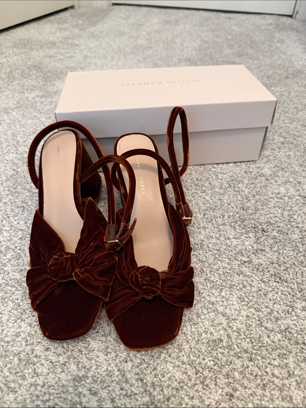 Loeffler Randall Knot Mid Heel Velvet Sandals- Sienna/Burnt Orange